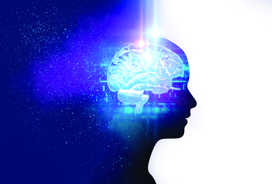 silhouette of face with brain with starry blue background
